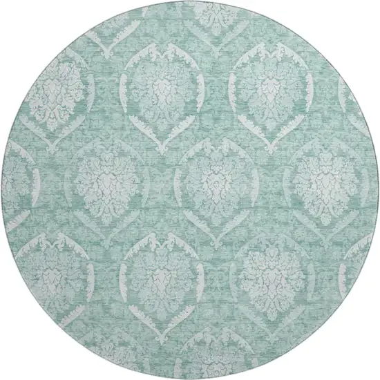 8' Turquoise And Ivory Medallion Washable Round Rug With UV Protection Photo 1