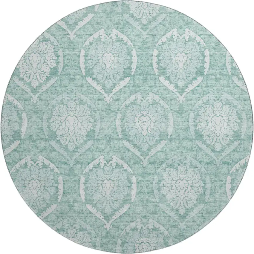 8' Turquoise And Ivory Medallion Washable Round Rug With UV Protection Photo 1