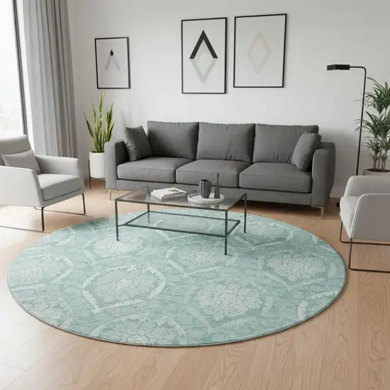 8' Turquoise And Ivory Medallion Washable Round Rug With UV Protection Photo 2
