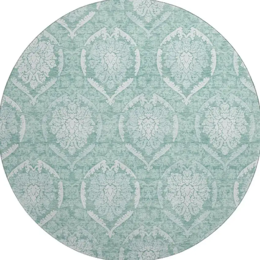 8' Turquoise And Ivory Medallion Washable Round Rug With UV Protection Photo 4