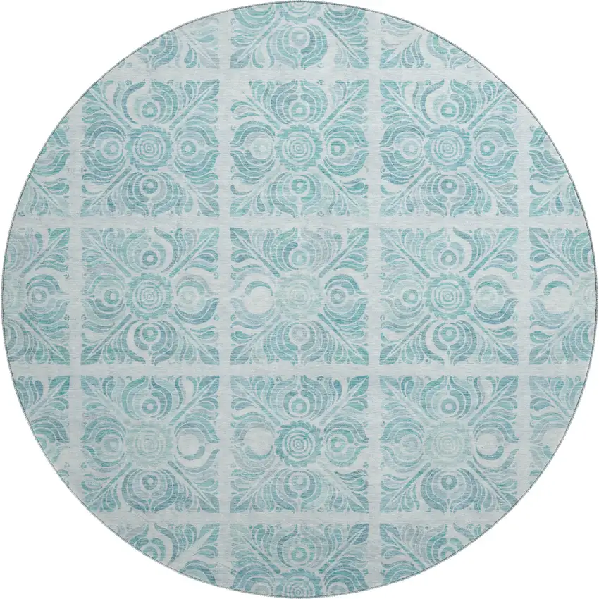 8' Turquoise And Ivory Medallion Washable Round Rug With UV Protection Photo 1