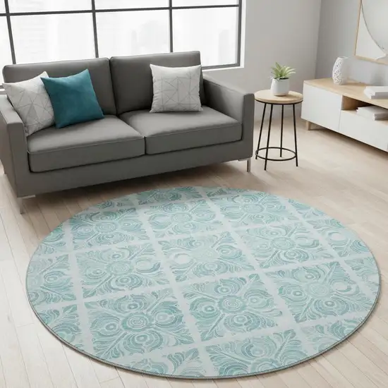 8' Turquoise And Ivory Medallion Washable Round Rug With UV Protection Photo 2