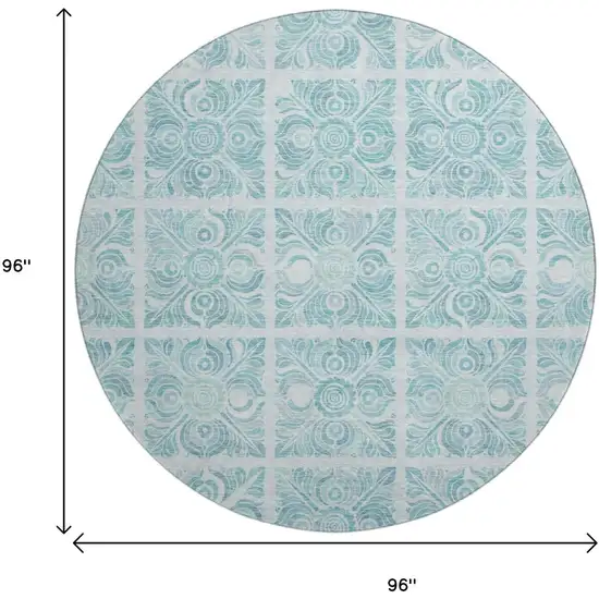 8' Turquoise And Ivory Medallion Washable Round Rug With UV Protection Photo 8