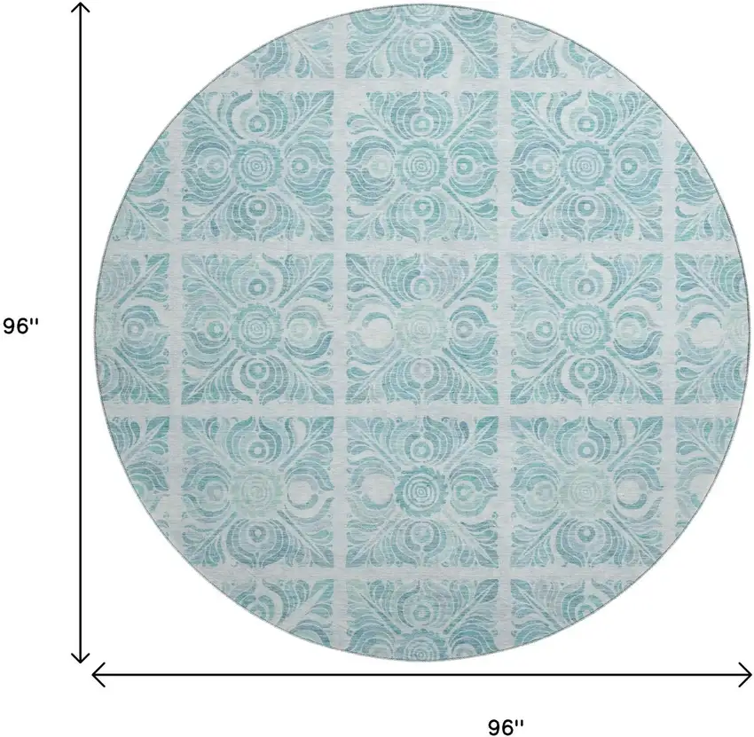 8' Turquoise And Ivory Medallion Washable Round Rug With UV Protection Photo 8