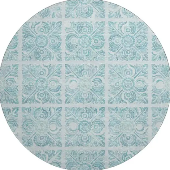 8' Turquoise And Ivory Medallion Washable Round Rug With UV Protection Photo 3