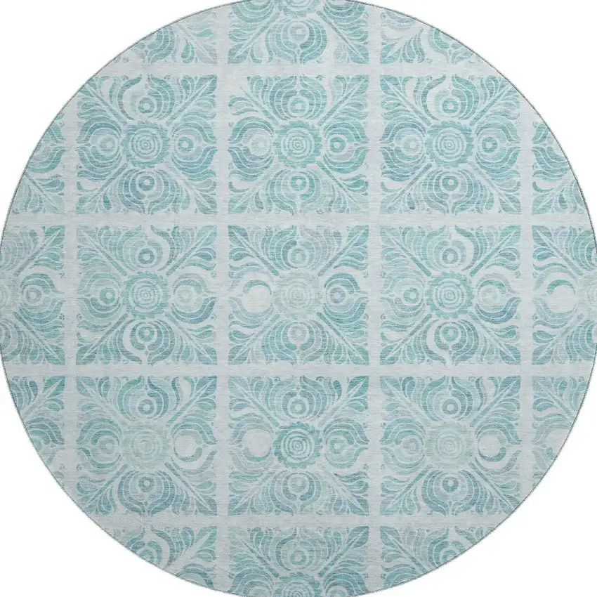 8' Turquoise And Ivory Medallion Washable Round Rug With UV Protection Photo 3