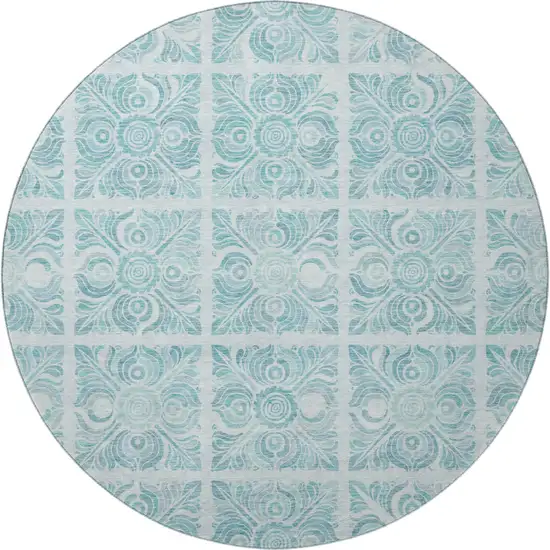 8' Turquoise And Ivory Medallion Washable Round Rug With UV Protection Photo 4