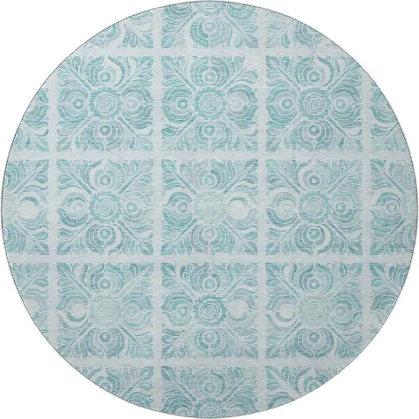 8' Turquoise And Ivory Medallion Washable Round Rug With UV Protection Photo 4