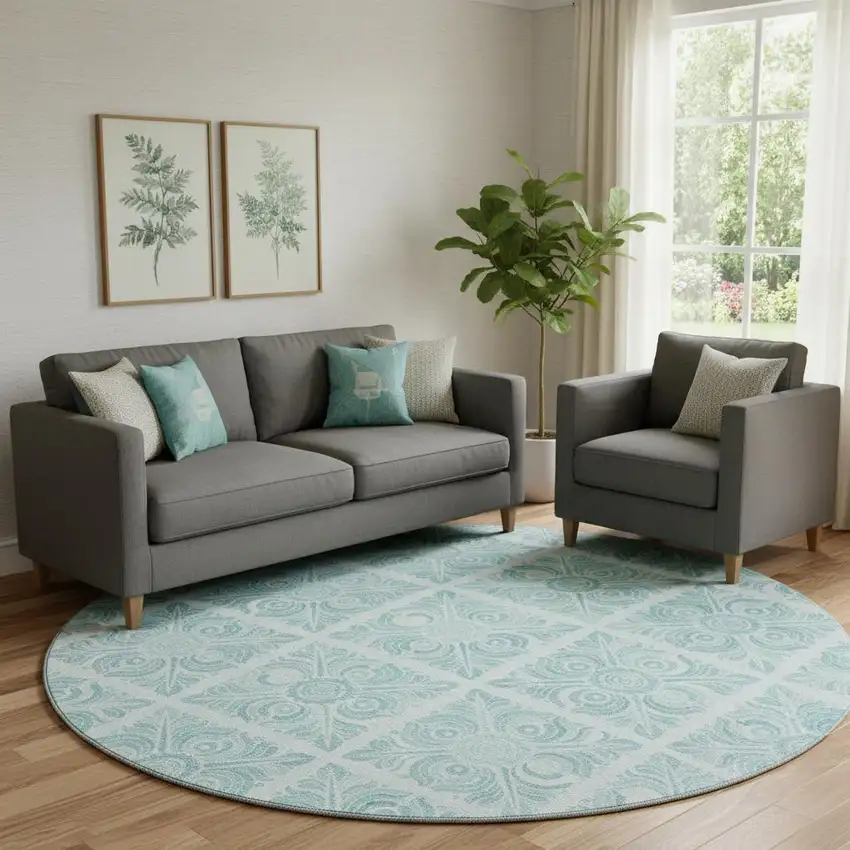 8' Turquoise And Ivory Medallion Washable Round Rug With UV Protection Photo 1