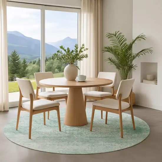 8' Turquoise And Ivory Oriental Washable Round Rug With UV Protection Photo 4