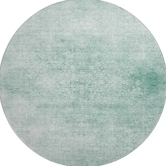 8' Turquoise And Ivory Oriental Washable Round Rug With UV Protection Photo 3