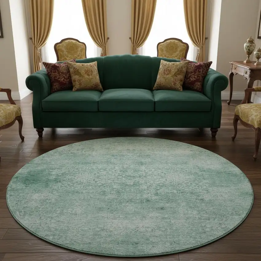 8' Turquoise And Ivory Oriental Washable Round Rug With UV Protection Photo 1