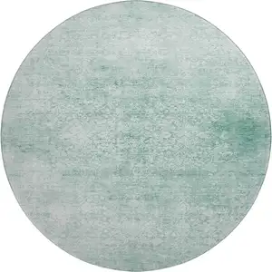 Photo of 8' Turquoise And Ivory Oriental Washable Round Rug With UV Protection