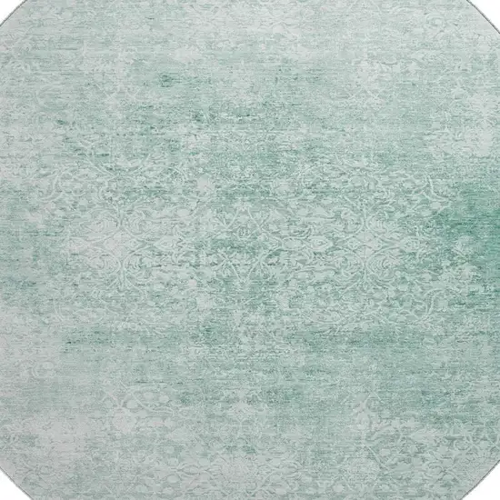 8' Turquoise And Ivory Oriental Washable Round Rug With UV Protection Photo 2