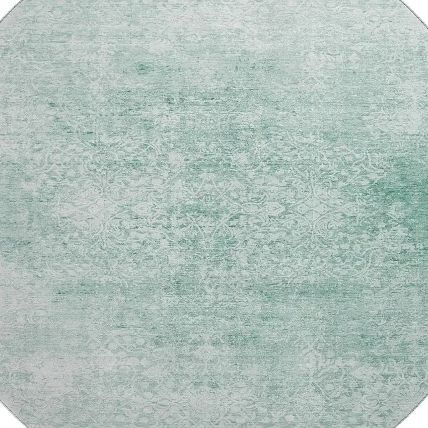 8' Turquoise And Ivory Oriental Washable Round Rug With UV Protection Photo 2