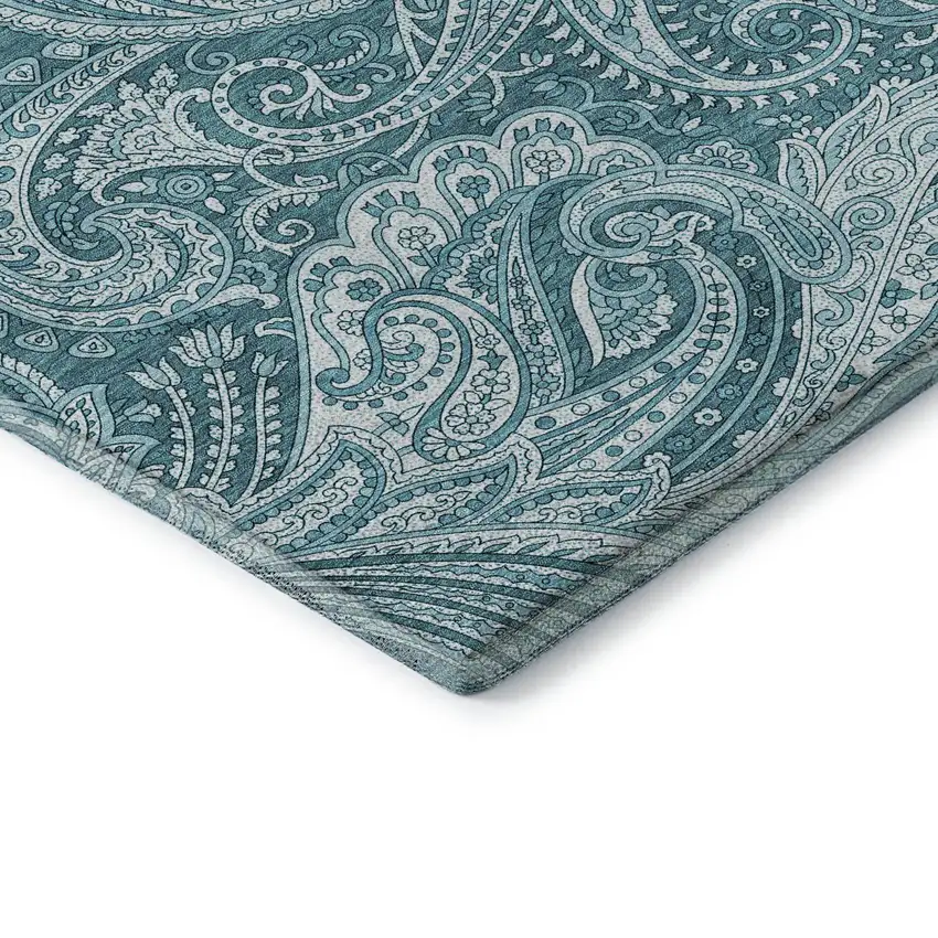 8' Turquoise And Ivory Paisley Washable Round Rug With UV Protection Photo 8