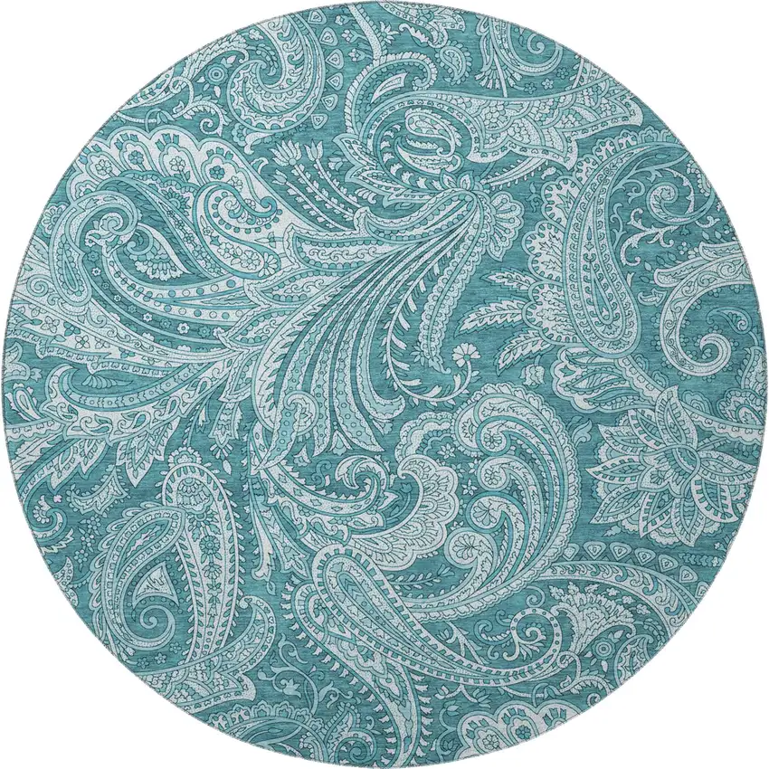 8' Turquoise And Ivory Paisley Washable Round Rug With UV Protection Photo 4