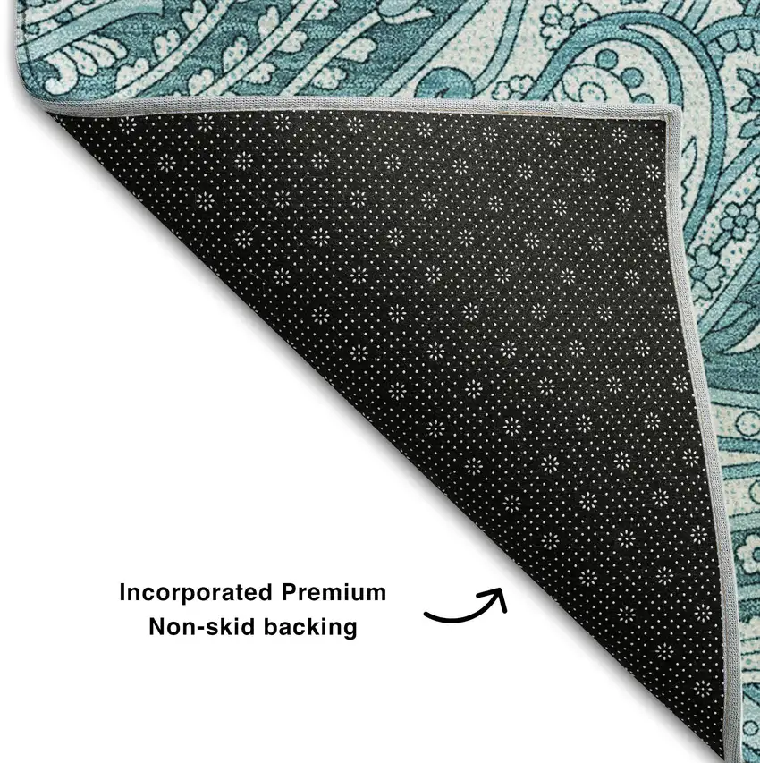 8' Turquoise And Ivory Paisley Washable Round Rug With UV Protection Photo 7