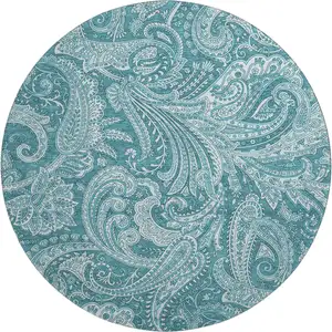 Photo of 8' Turquoise And Ivory Paisley Washable Round Rug With UV Protection