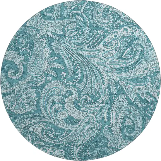 8' Turquoise And Ivory Paisley Washable Round Rug With UV Protection Photo 1
