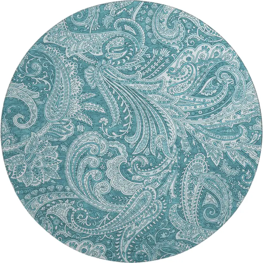 8' Turquoise And Ivory Paisley Washable Round Rug With UV Protection Photo 1