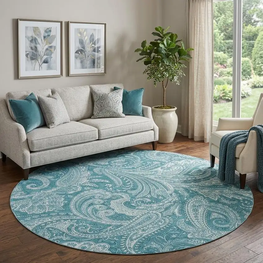 8' Turquoise And Ivory Paisley Washable Round Rug With UV Protection Photo 1