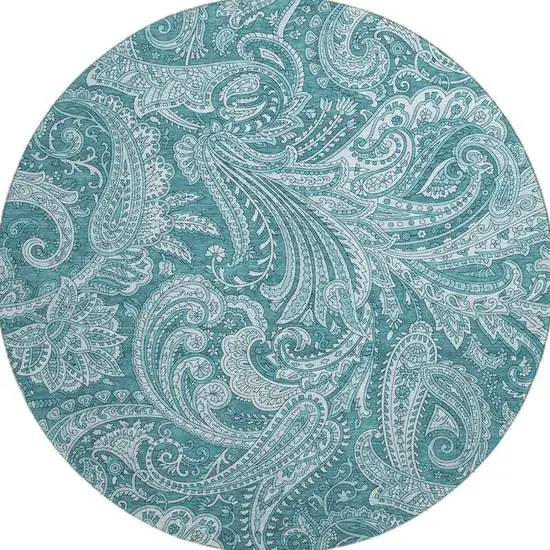 8' Turquoise And Ivory Paisley Washable Round Rug With UV Protection Photo 3