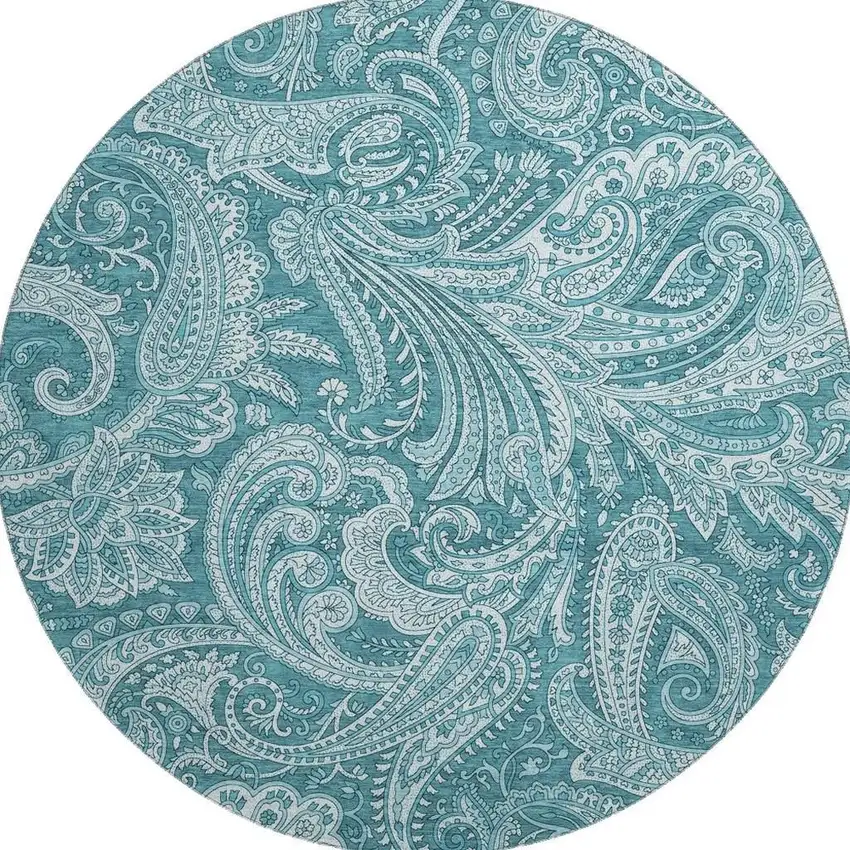 8' Turquoise And Ivory Paisley Washable Round Rug With UV Protection Photo 3