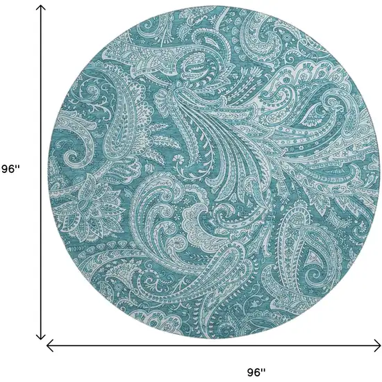 8' Turquoise And Ivory Paisley Washable Round Rug With UV Protection Photo 6