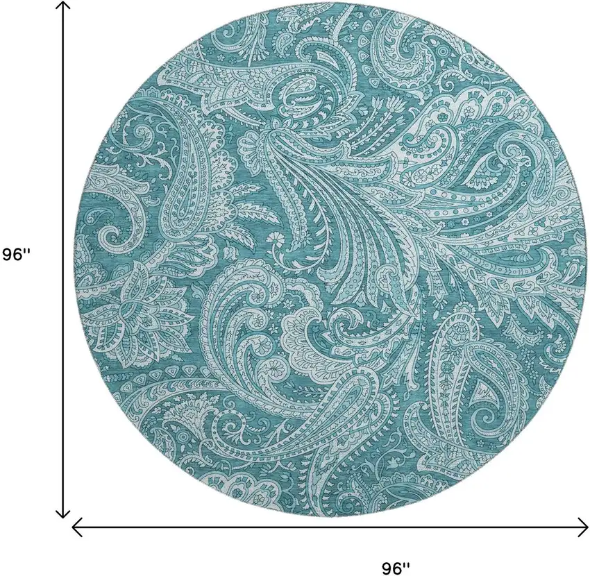 8' Turquoise And Ivory Paisley Washable Round Rug With UV Protection Photo 6