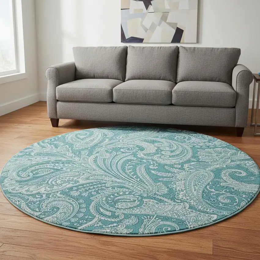 8' Turquoise And Ivory Paisley Washable Round Rug With UV Protection Photo 2