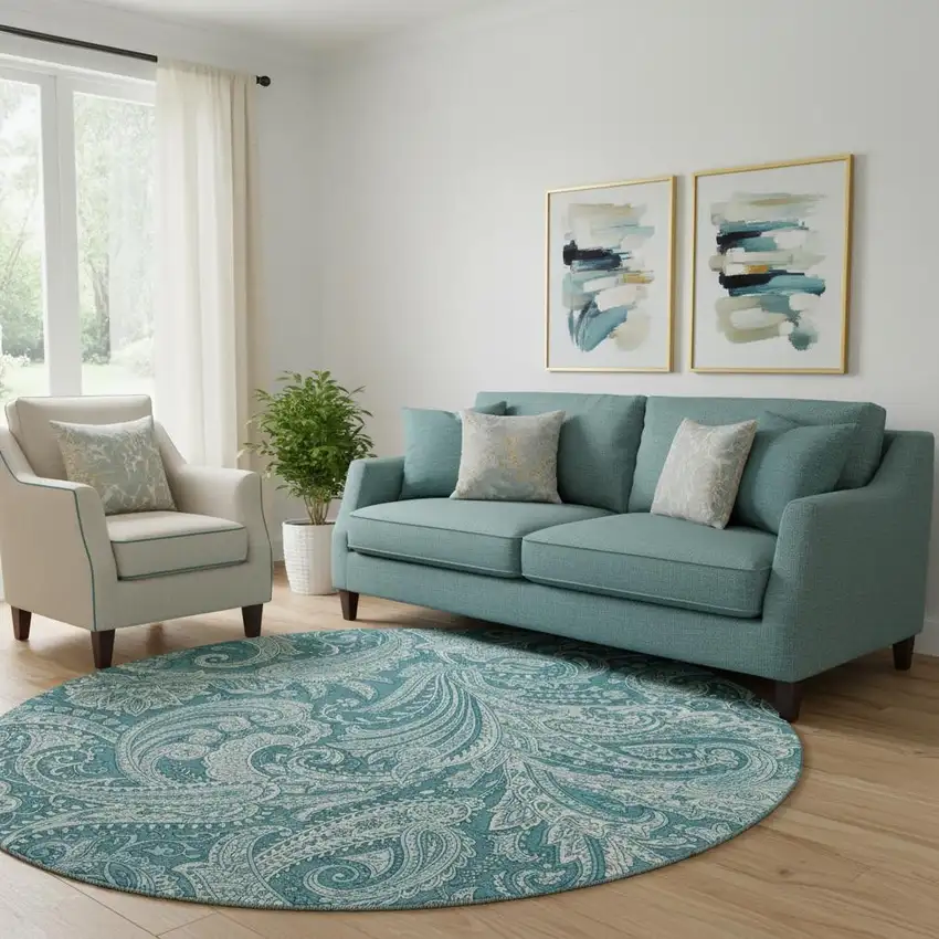 8' Turquoise And Ivory Paisley Washable Round Rug With UV Protection Photo 1