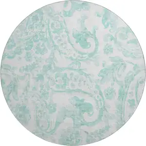 Photo of 8' Turquoise And Ivory Paisley Washable Round Rug With UV Protection