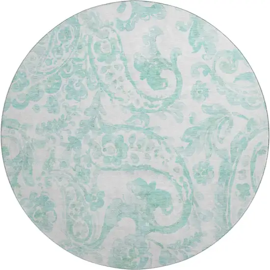 8' Turquoise And Ivory Paisley Washable Round Rug With UV Protection Photo 1