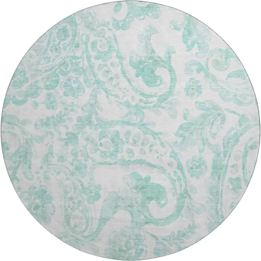 8' Turquoise And Ivory Paisley Washable Round Rug With UV Protection Photo 1