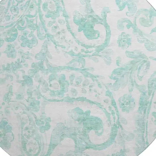 8' Turquoise And Ivory Paisley Washable Round Rug With UV Protection Photo 3
