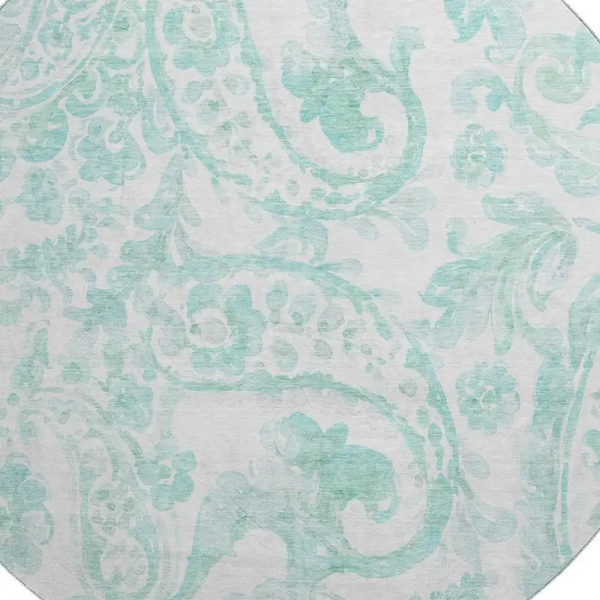 8' Turquoise And Ivory Paisley Washable Round Rug With UV Protection Photo 3
