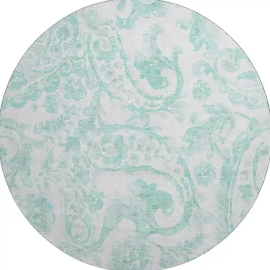 8' Turquoise And Ivory Paisley Washable Round Rug With UV Protection Photo 4