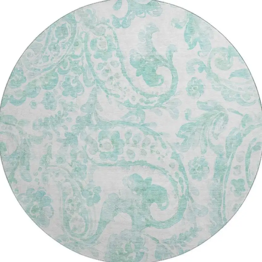 8' Turquoise And Ivory Paisley Washable Round Rug With UV Protection Photo 4
