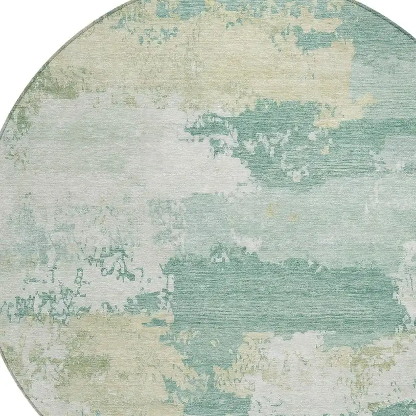 8' Turquoise And Ivory Round Abstract Washable Indoor Outdoor Area Rug Photo 2