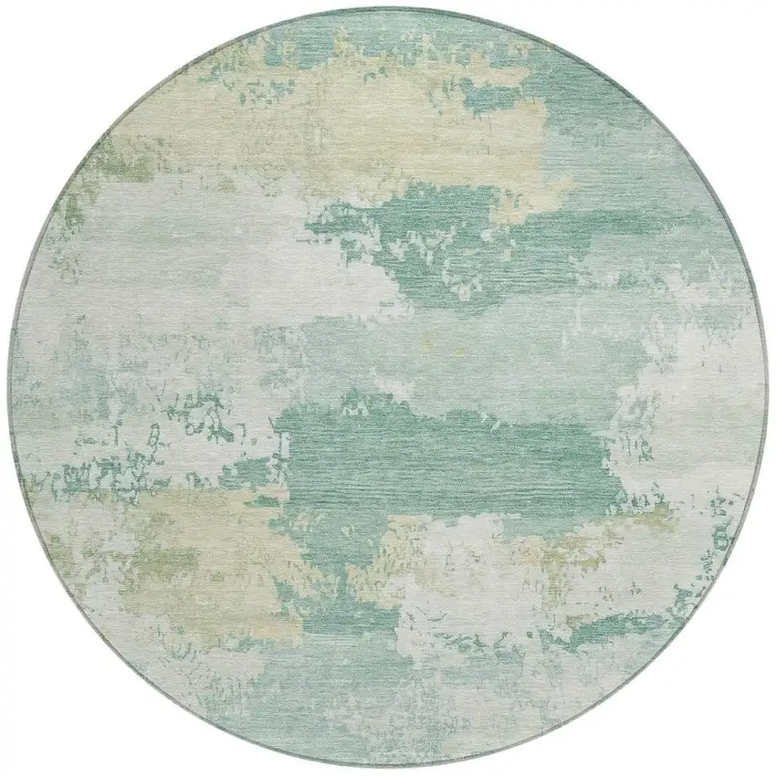 8' Turquoise And Ivory Round Abstract Washable Indoor Outdoor Area Rug Photo 3