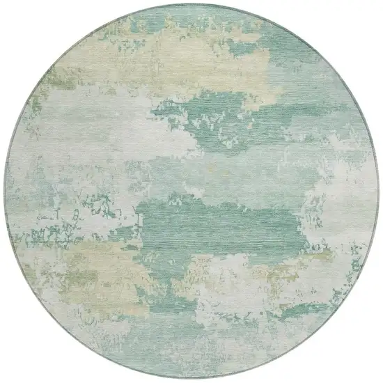 8' Turquoise And Ivory Round Abstract Washable Indoor Outdoor Area Rug Photo 3