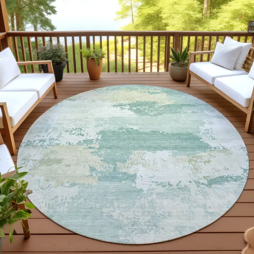 8' Turquoise And Ivory Round Abstract Washable Indoor Outdoor Area Rug Photo 4
