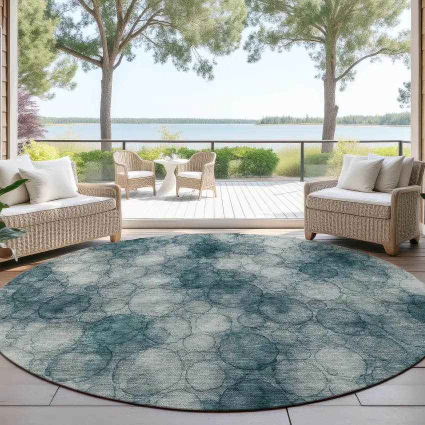 8' Turquoise And Ivory Round Abstract Washable Indoor Outdoor Area Rug Photo 4