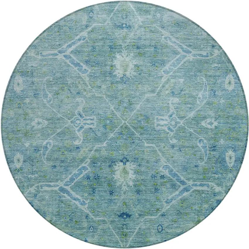8' Turquoise And Ivory Round Floral Washable Indoor Outdoor Area Rug Photo 2