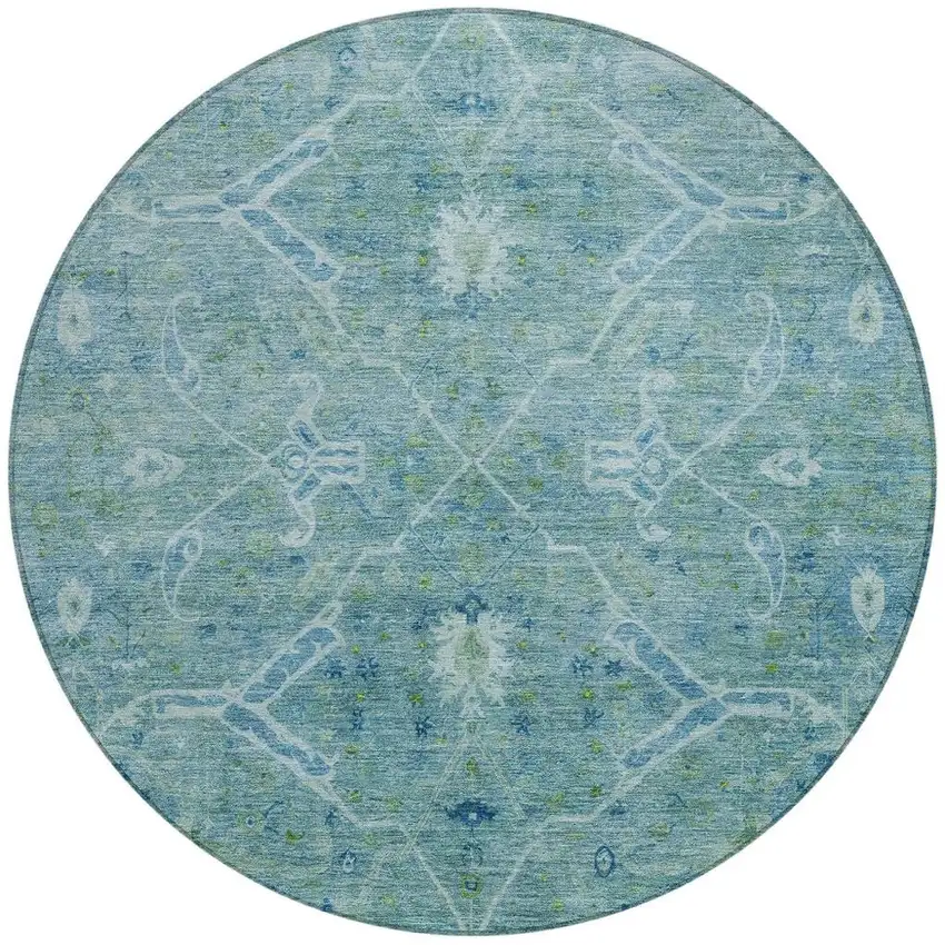 8' Turquoise And Ivory Round Floral Washable Indoor Outdoor Area Rug Photo 4