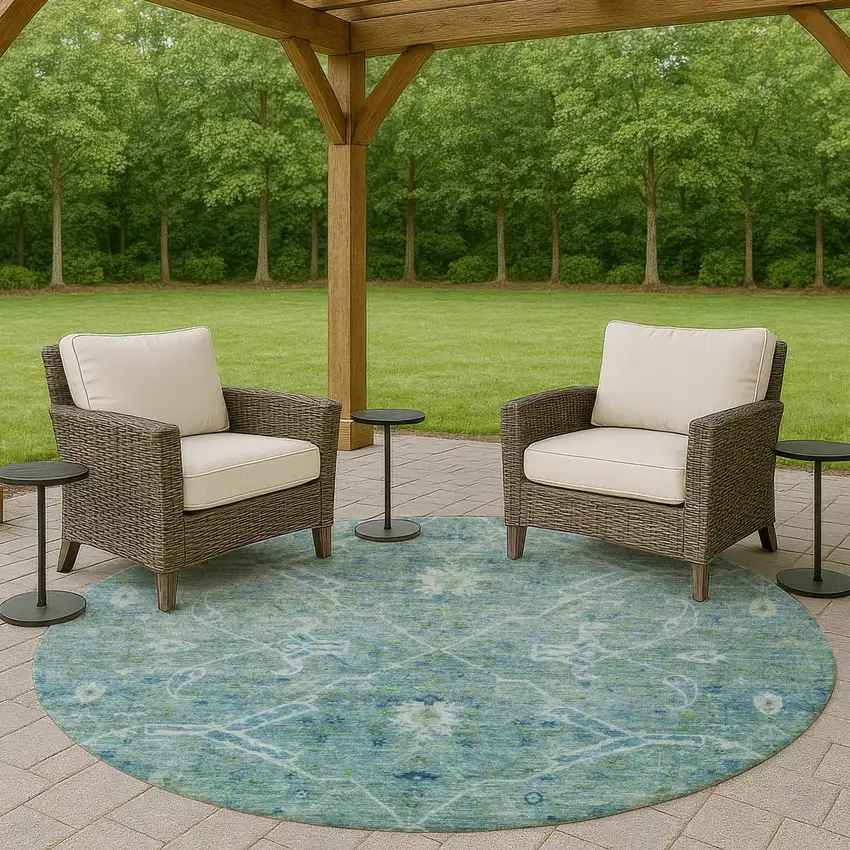 8' Turquoise And Ivory Round Floral Washable Indoor Outdoor Area Rug Photo 8