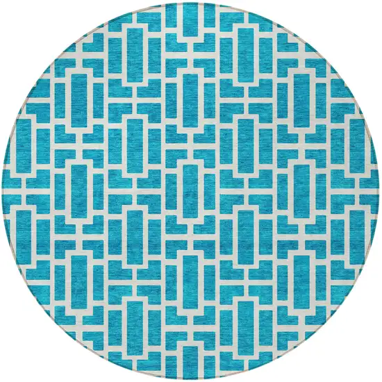 8' Turquoise And Ivory Round Geometric Washable Indoor Outdoor Area Rug Photo 2