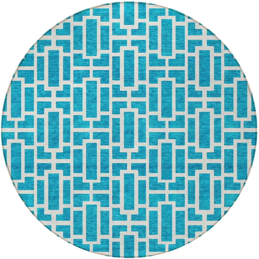 8' Turquoise And Ivory Round Geometric Washable Indoor Outdoor Area Rug Photo 2