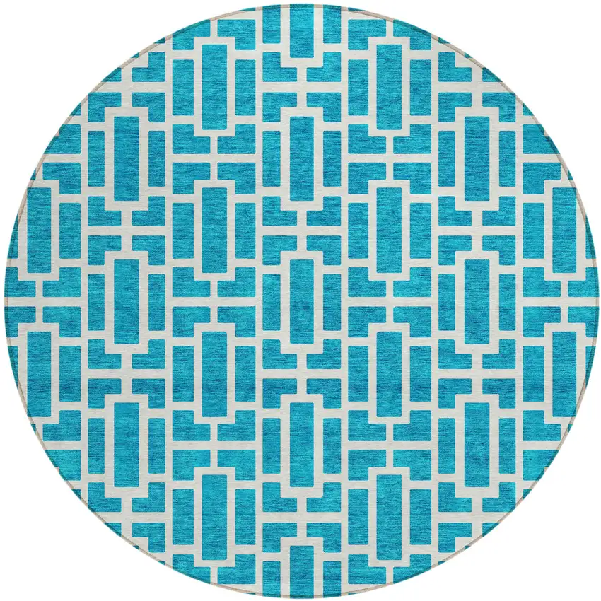 8' Turquoise And Ivory Round Geometric Washable Indoor Outdoor Area Rug Photo 1